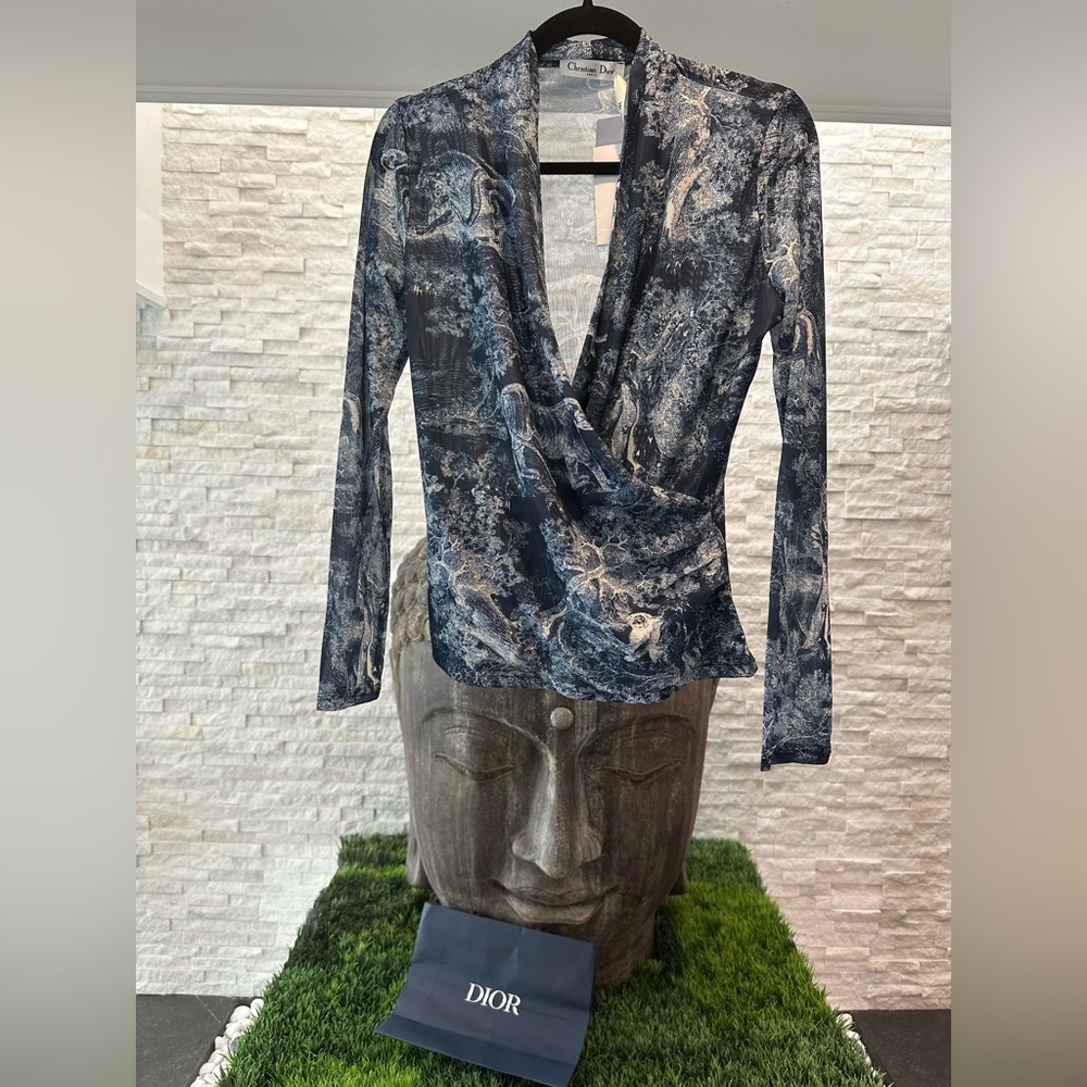 Dior Toile de Jouy Women's Navy and white sheer stretch Blouse M